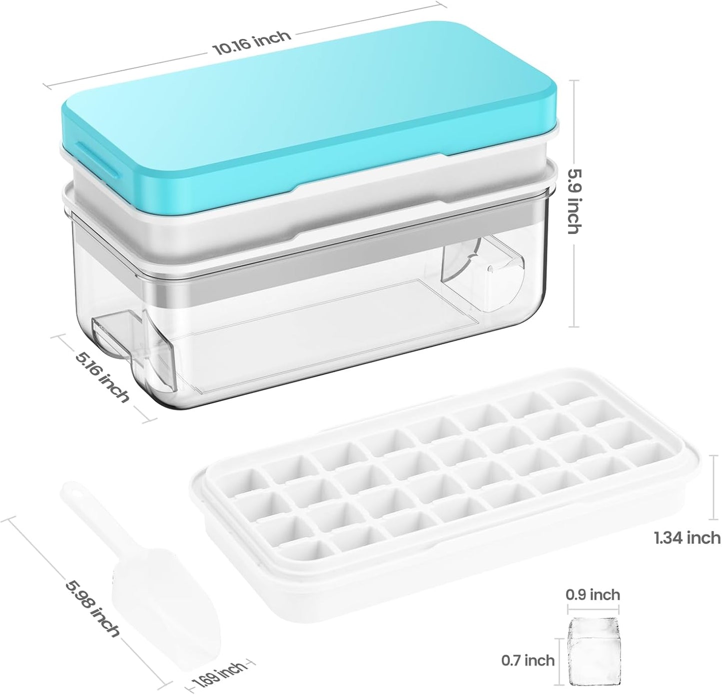 Ice Cube Tray with Lid and Bin, PHINOX 64 pcs Ice Trays for Freezer, Ice Cube Trays for Freezer with 2 trays, Container, Lid & Ice Scoop, BPA Free