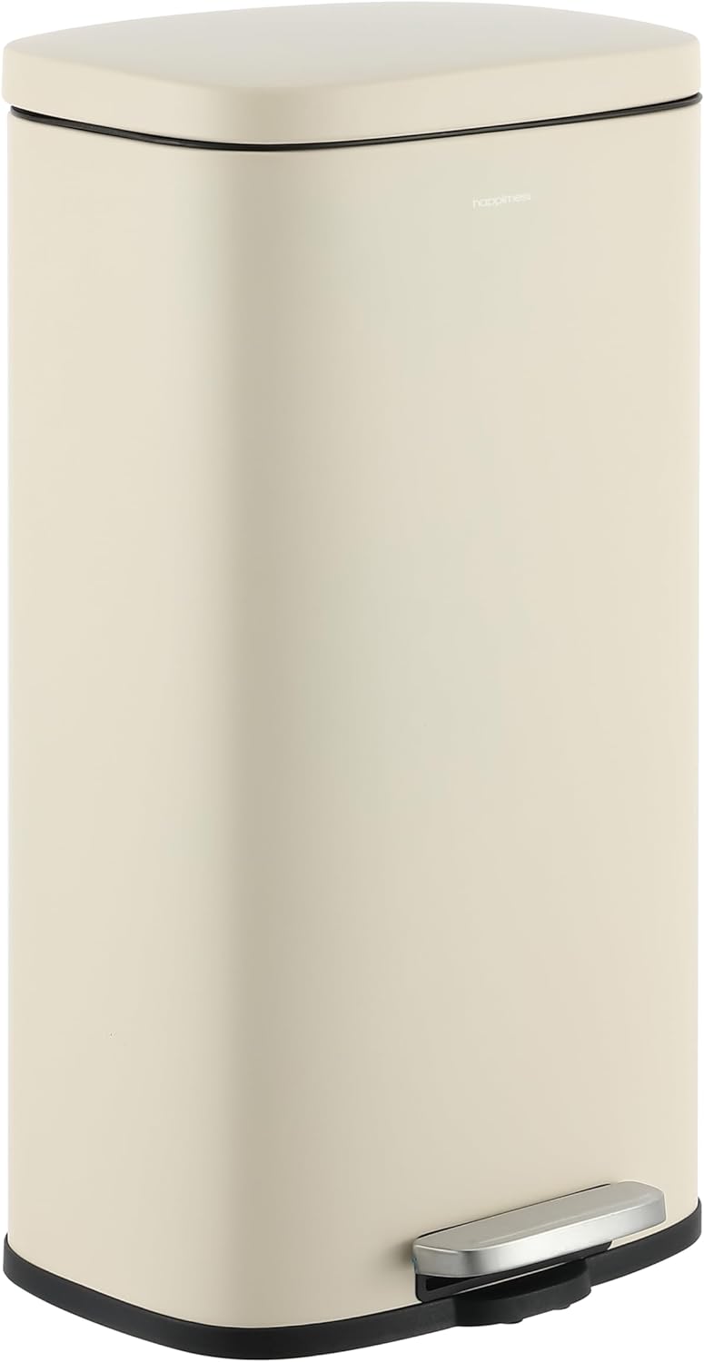 happimess HPM1011I Curtis 8-Gallon Step-Open Trash Can, Fingerprint Resistant, Modern, Minimalistic for Home, Kitchen, Laundry Room, Office, Bedroom, Bathroom, Limestone Beige