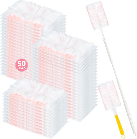 52 Count Disposable Duster Refills for Cleaning, 180° Dusters Refills Compatible with Swiffer (Pink, 50 Count Dust Removal Brushes + 1 Standard Handle + 1 Extended Handle)