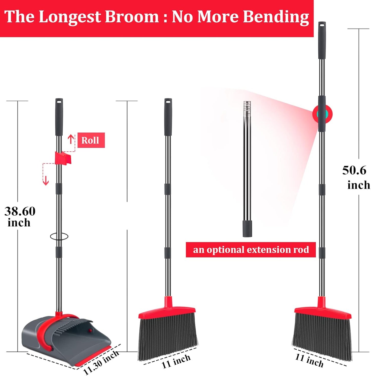 Broom and Dustpan Set,Broom with Dustpan Combo Set Dust pan with Long Handle, for Home Kitchen Room Office Lobby Floor Use Upright Stand Up(Gray&Red)