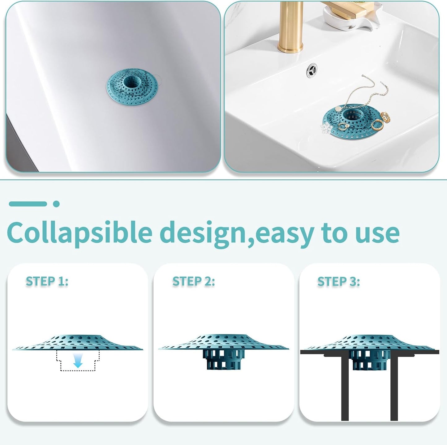 Shower Hair Drain Catcher, Silicone Bathtub Drain Hair Catcher Strainer, All-in-one Tub Hair Catcher Drain Protector for 1.48'' to 1.76'' Regular Drains, 3PCS/Light Blue