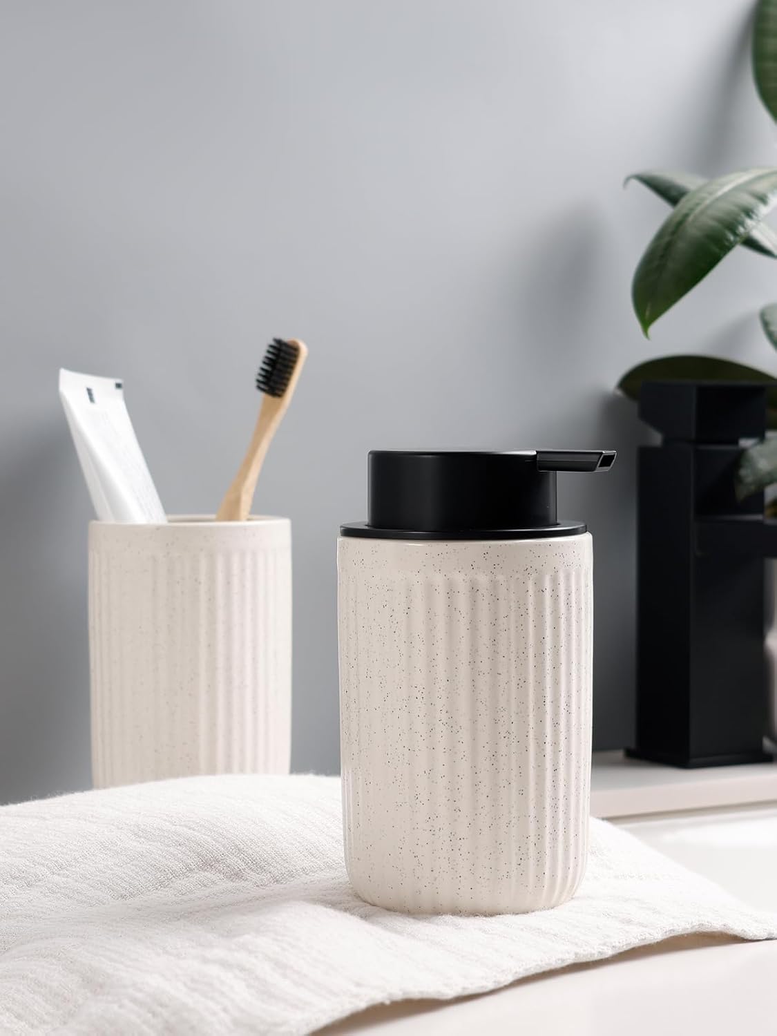 Bosilunlife Soap Dispenser and Toothbrush Holder Set - 11Oz Foam Soap Dispenser Pump Ceramic Bathroom Counter Soap Toothbrush Holder Set Beige Bathroom Accessories Set