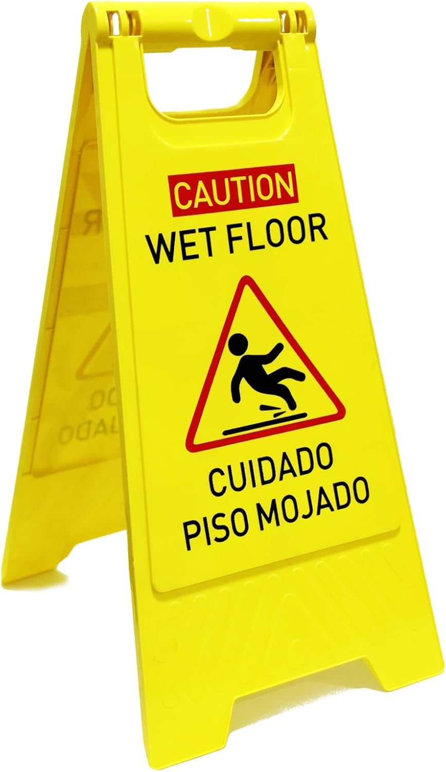 1-Pack Caution wet floor sign, 24 in. (approx. 60 cm) Height,Bright Yellow Double-Sided Folding A-Shaped Frame Design, Bilingual Caution Message
