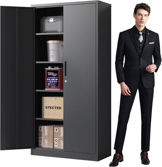 72'' Garage Storage Cabinet, Lockable Storage Cabinet with Adjustable Shelves, Steel Tool Cabinets for Home, Office, Garage, Require Assembly, Black