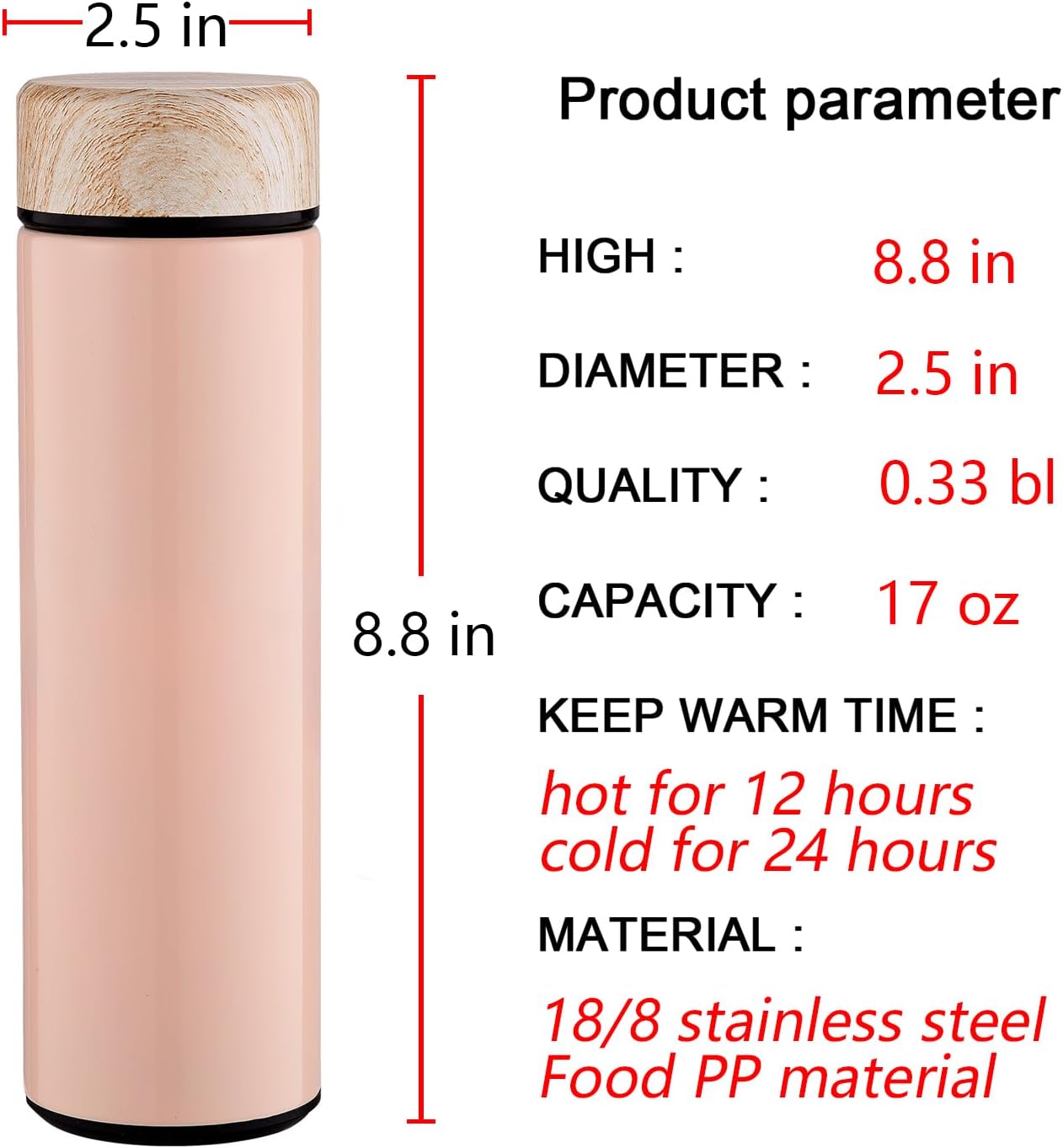 15oz Water Bottle Stainless Steel Thermos Flask - Insulated Vacuum, Leak Proof, Keeps Drinks Hot/Cold - Ideal for Coffee, Tea, Water - Pink