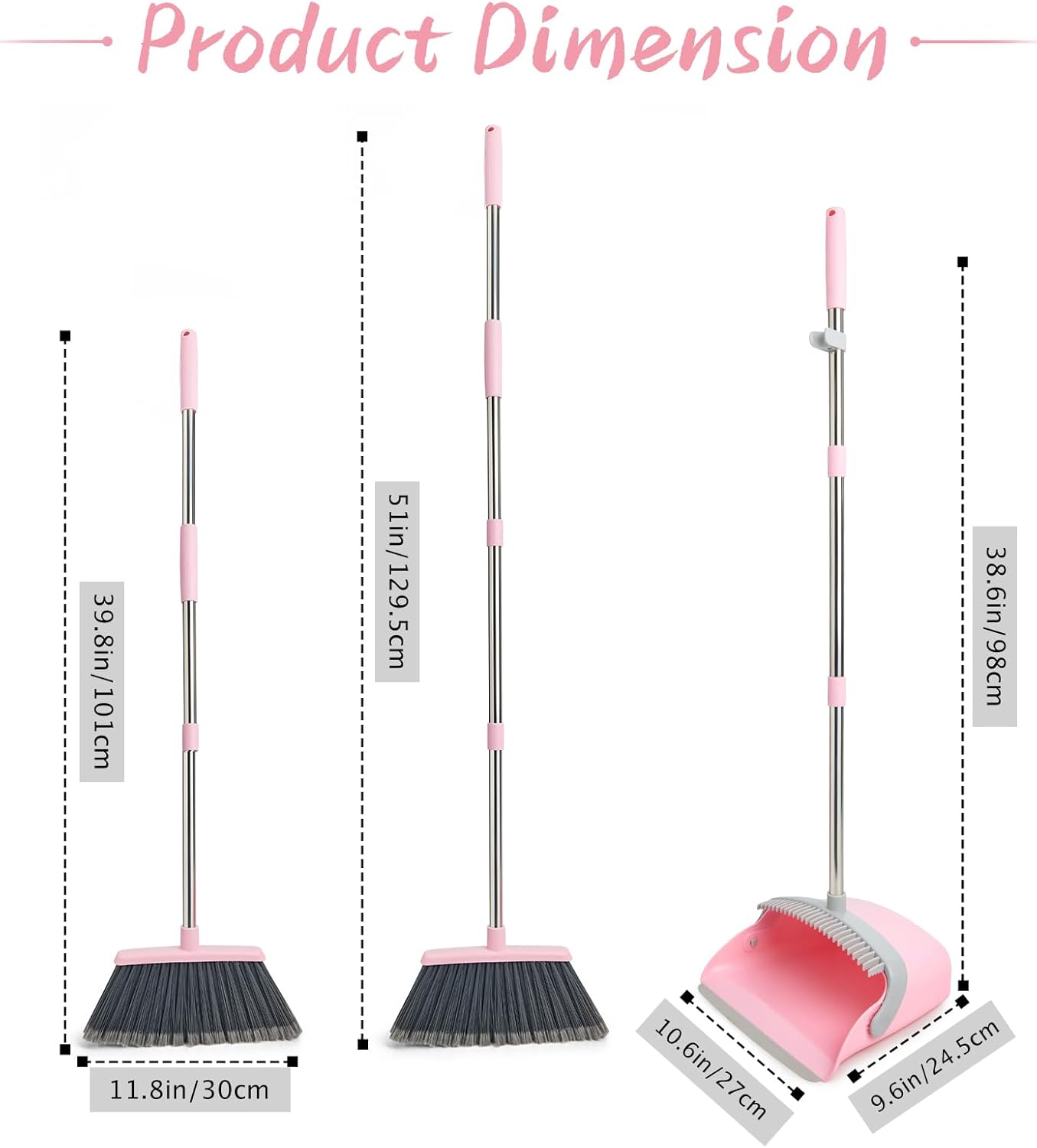 Broom and Dustpan Combo Set, Long Handle and Standing Dust Pan with Comb Teeth, Efficient Floor Cleaning for Kitchen, Outdoor, Dorm, Apartment, Office Lobby (Pink Gray)