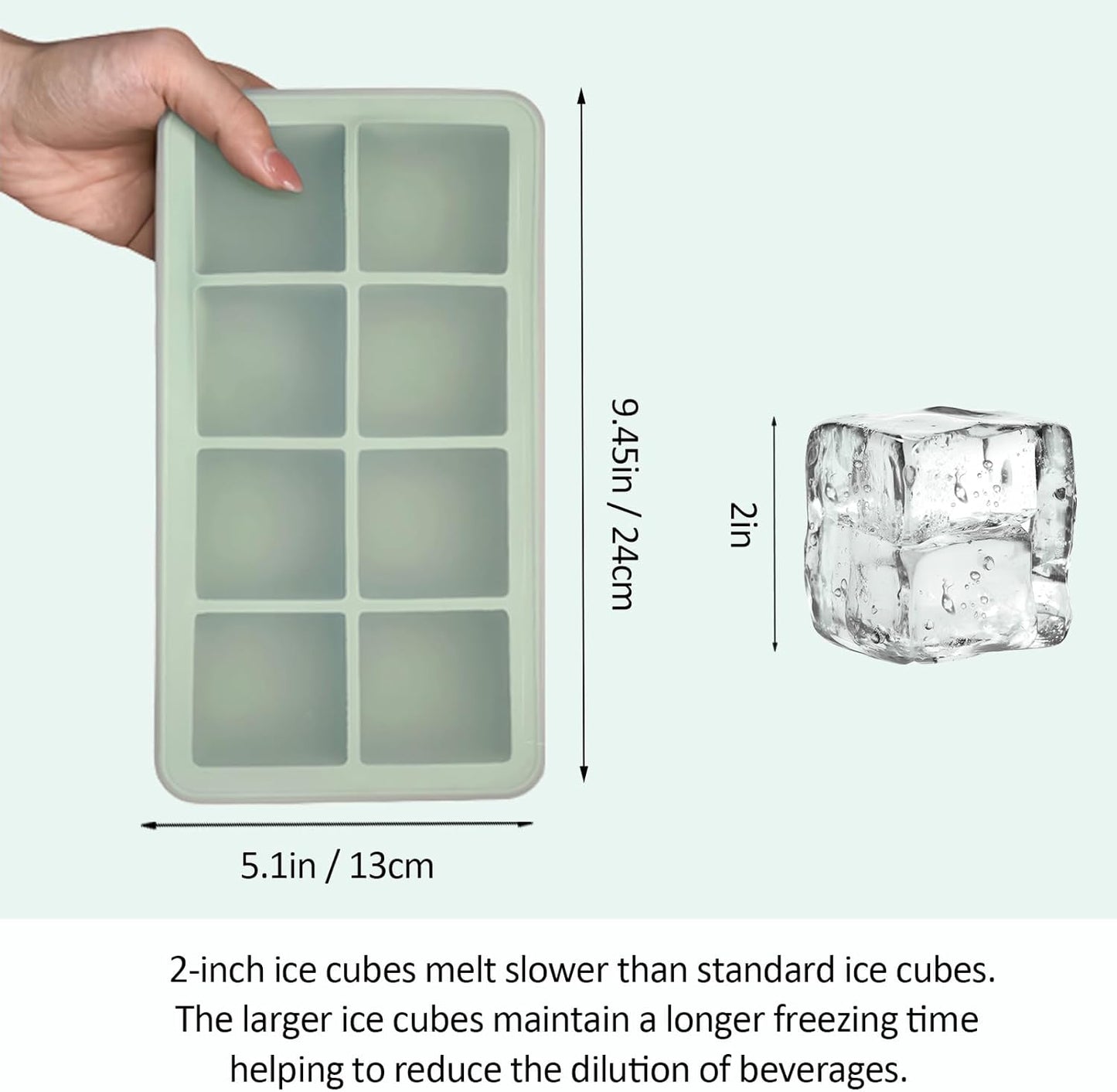 2 Pack Silicone 2 Inch Large Ice Cube Molds for Cocktails Wine Fruit and Bourbon Whiskey Easy Release Ice Cube Tray with Lid Ideal for Cold Drinks and Entertaining Gatherings (Mint Green)
