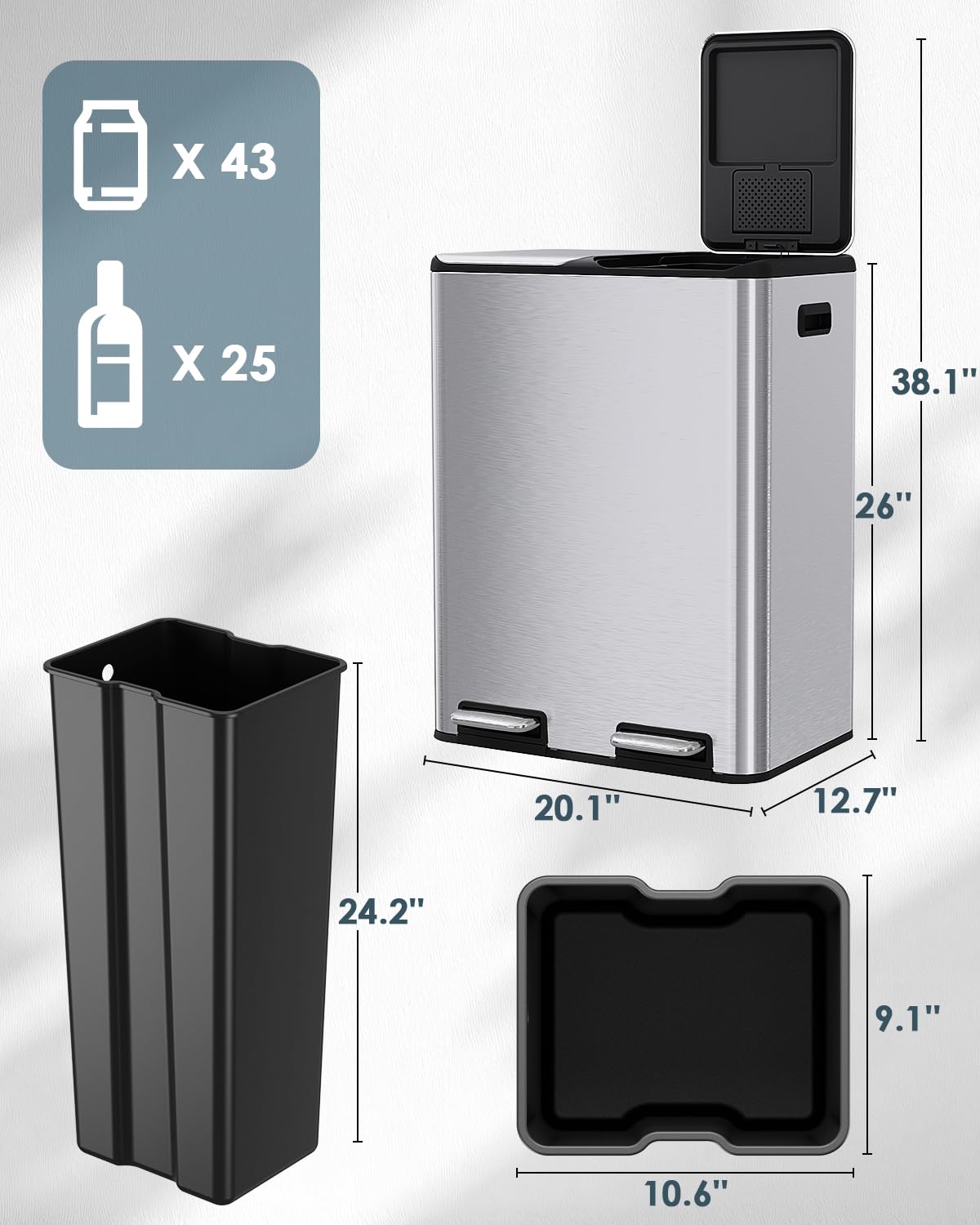 Arlopu 16Gal Dual Trash Can w/2 Built-in Box for Odor Control, Hands-Free Kitchen Garbage Bin, Recycle Waste Dustbin, Soft-Close Lid, 2 Buckets,Foot Pedal, Side Handle, Airtight,for Home Office