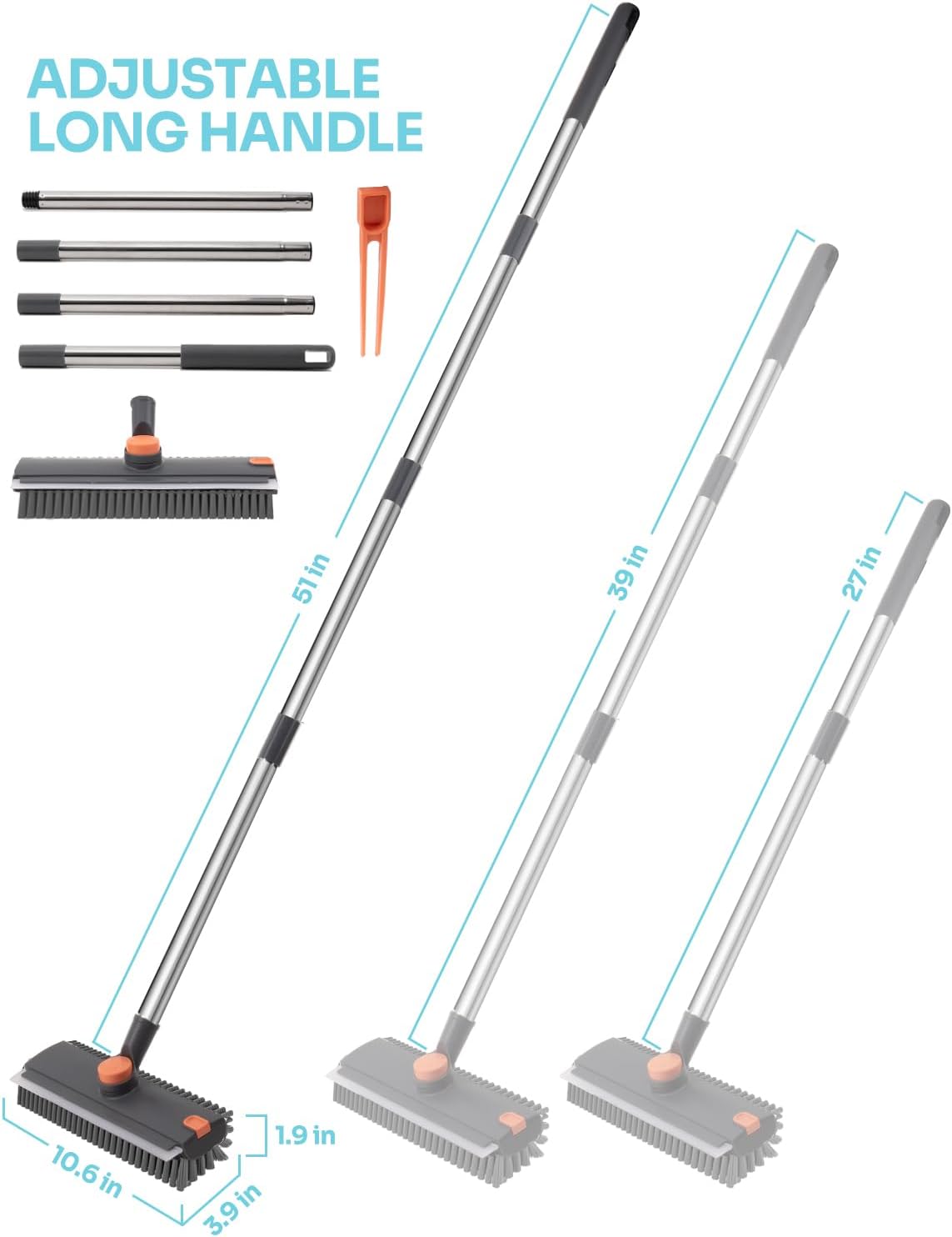 3-in-1 Floor Scrub Brush with Long Handle, Scrape and Heavy-Duty Stiff Bristle Floor Scrubber Brush, Floor Brush with Squeegee and Tweezerfor Cleaning Bathroom, Garage, Wall and Deck