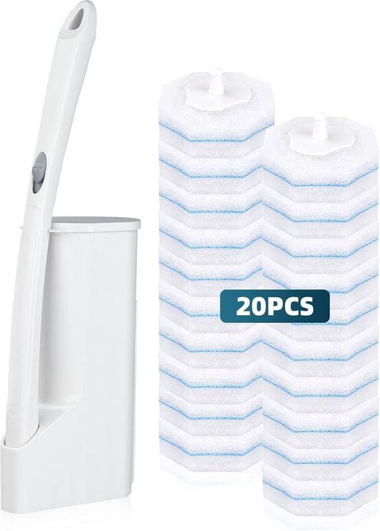RLOW Disposable Toilet Brush Set with 20 Refills, Toilet Bowl Brush and Holder Disposable Toilet Cleaning System- Toilet Brush, Storage Caddy and 20 Refill Heads for Bathroom Cleaning
