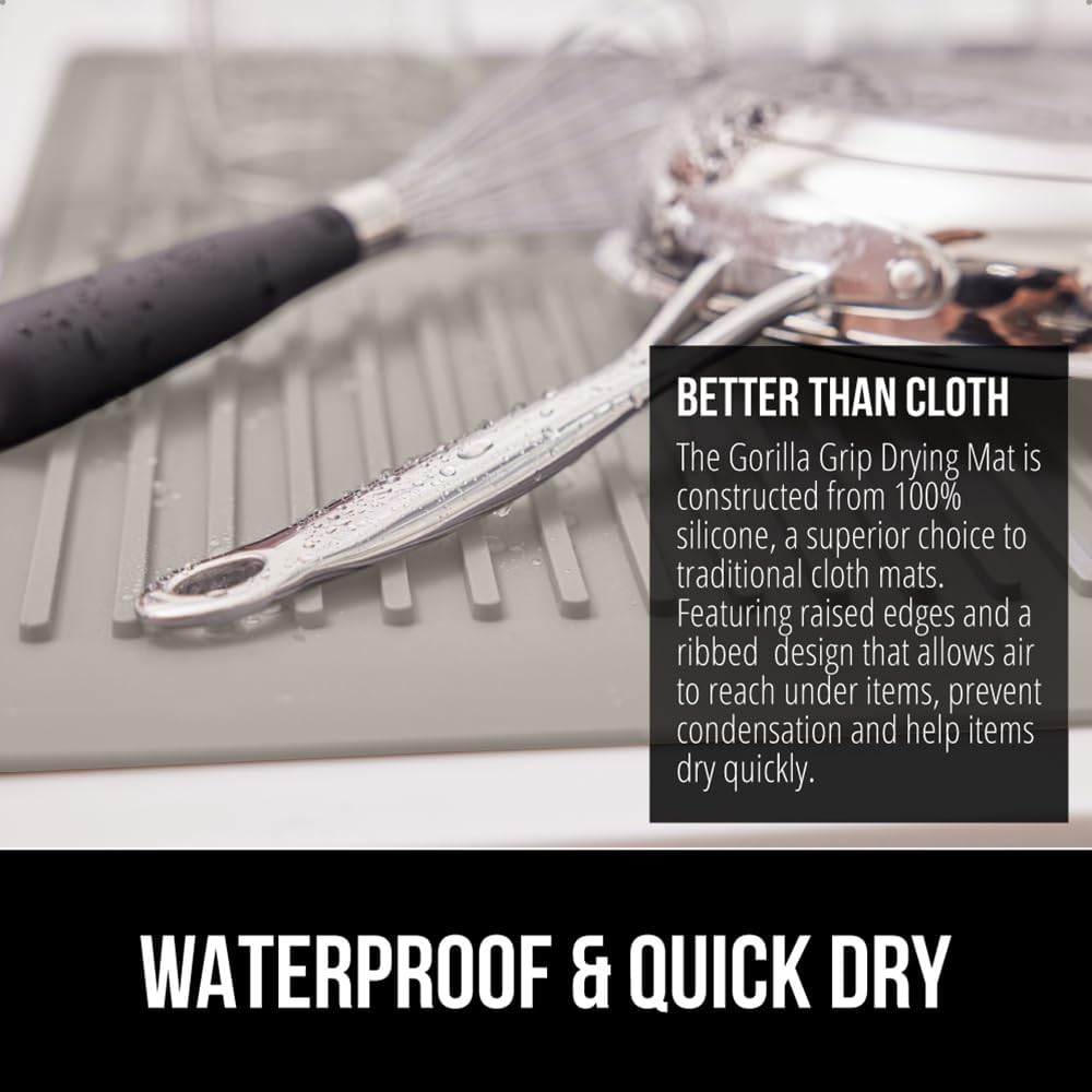 GORILLA GRIP 100% BPA-Free Patented Silicone Dish Drying Mat for Kitchen Counter, 18x16 Inch, Water Catching Ribbed Design, Easy Clean Waterproof Sink Liner, Heat Resistant, Fits Under Rack, Almond