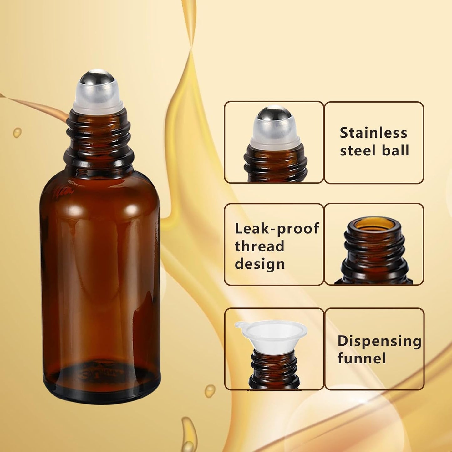5ML Roller Bottles for Essential Oil, 4 Pack Empty Amber Glass Roller Bottle for Perfume Oil, Roll on Bottles with Stainless Steel Roller Balls, Opener, Funnel and Dropper