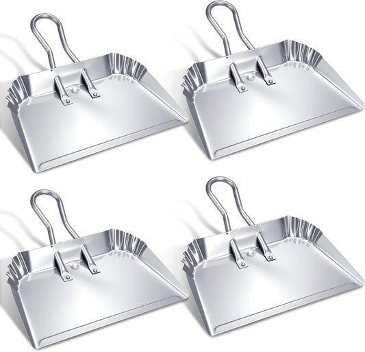 Mumufy 4 Pcs 16 Inch Heavy Duty Metal Dustpan Large Wide Dust Pans for Household Handheld Wide Scooper and Debris Cleaning Tool Ideal for Home and Commercial Use (Sliver)