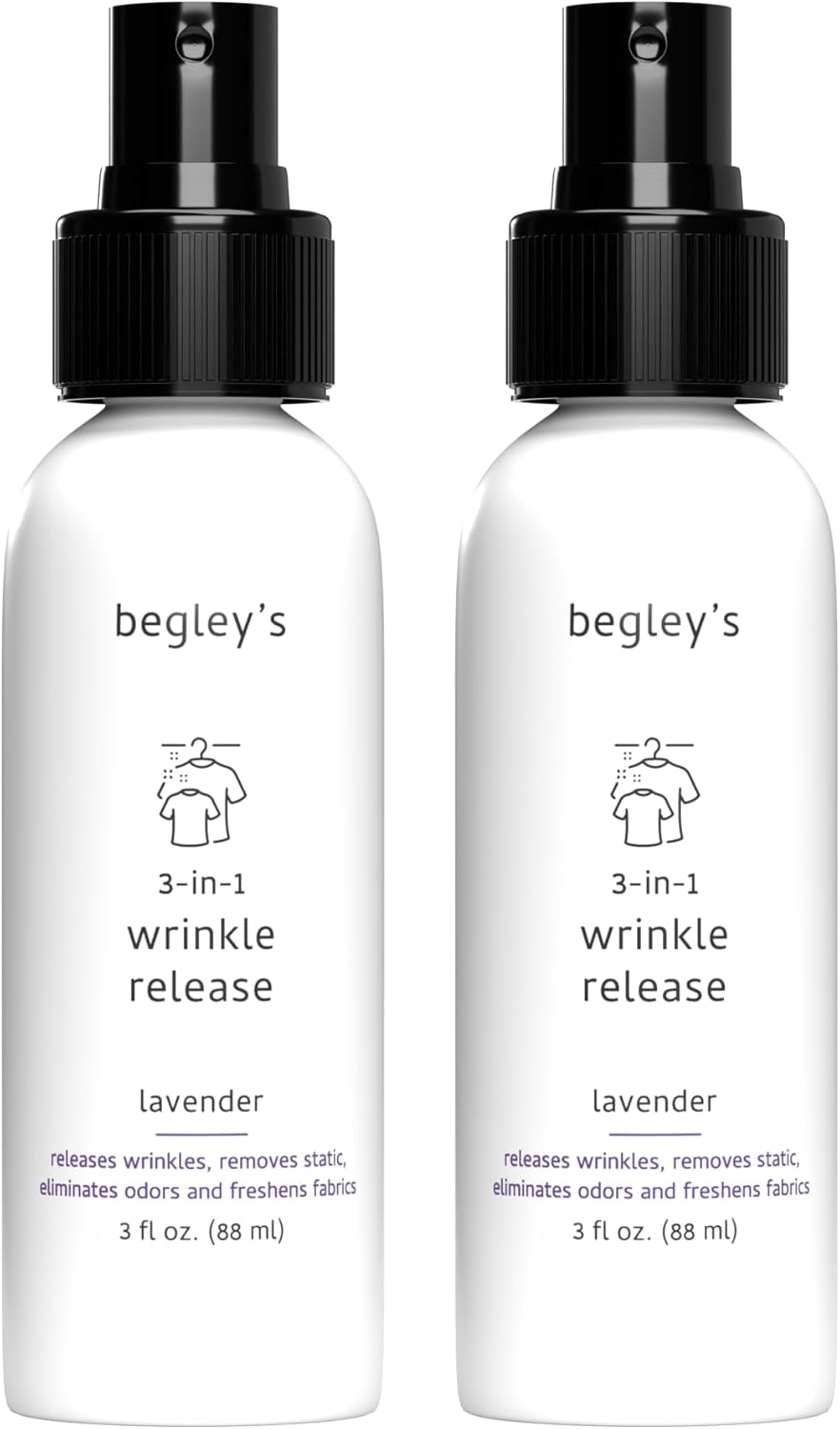 Begley's 3-in-1 Wrinkle Remover, Quick Fix Wrinkle Release, Static Cling Remover, Odor Eliminator and Fabric Refresher Spray - USDA Certified Biobased - Lavender, 3 oz Travel Size