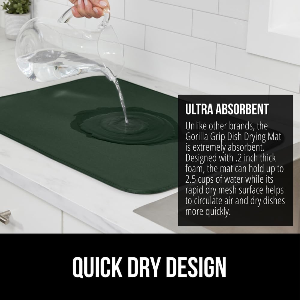 GORILLA GRIP Ultra Water Absorbent Microfiber Dish Drying Mat, Quick Dry Thick Mesh, Slip Resistant Pad for Sink Dishes or Under Rack, Kitchen Counter Accessories, 16x18, Machine Wash, Hunter Green
