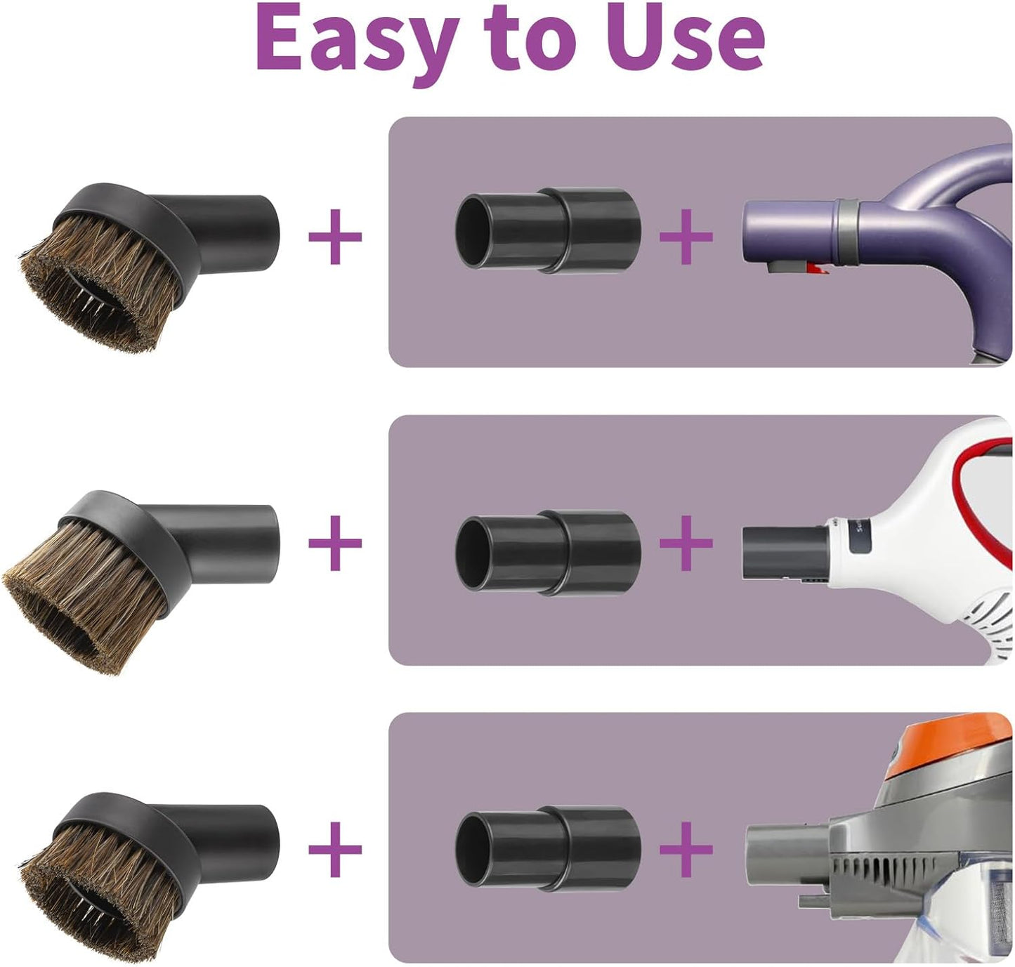 4 Pcs 25mm Horsehair Round Brush Vacuum Brush Attachment with 1-1/4 to 1-3/8 inch Hose Adapter for 1.25 inch/32mm Inner Diameter Vacuum Cleaner, Vacuum Attachment for Most Household Vacuum Cleaners