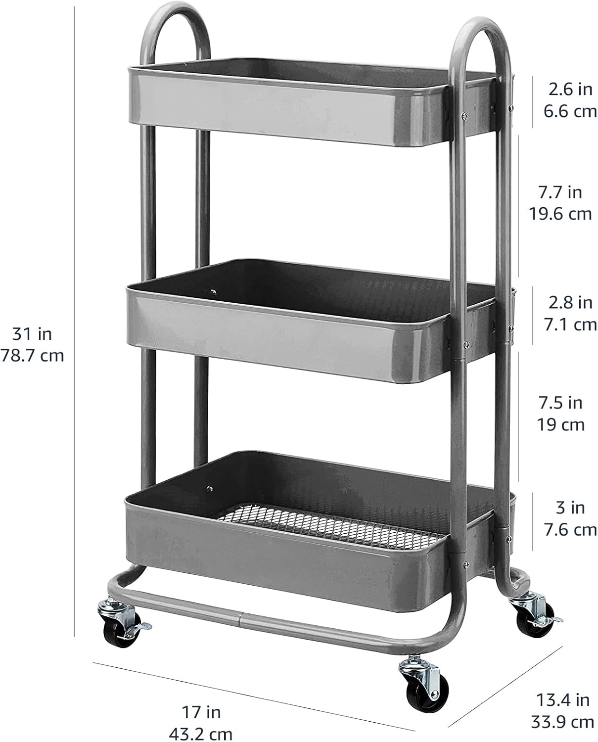 Amazon Basics 3-Tier Rolling Utility or Kitchen Cart, Lockable Wheels, Multifunctional Storage, Charcoal