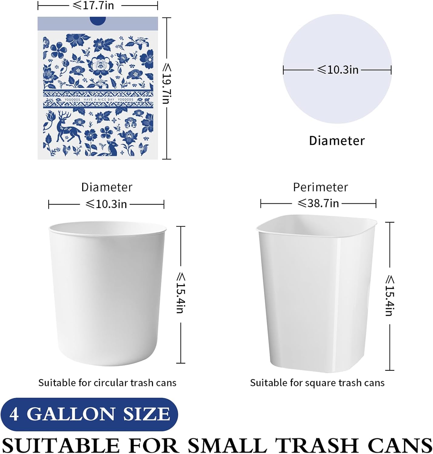 VOK 4 Gallon Trash Bags Drawstring, Printed Small Garbage Bags with Secure Tie, Tear-Resistant & Leakproof Design for Bathroom/Bedroom, Decorative Odor-Control Trash Can Liners, 160 Counts