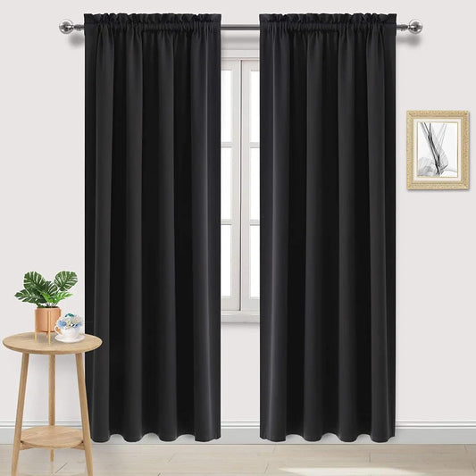 DWCN Blackout Curtains for Living Room Thermal Insulated, Energy Saving & Noise Reducing Bedroom Curtains, Black, W 70x L 84 Inch, Set of 2 Rod Pocket Curtain Panels
