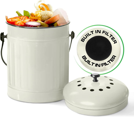 Plexon Countertop Compost Bin Kitchen Indoor with Lid, Off-White 1.5 Gallon Odorless Container, Steel Food Compost Bucket for Kitchen with Charcoal Filter, Compost Pail Countertop