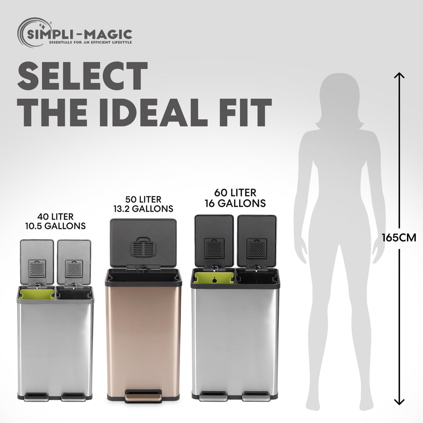 SIMPLI-MAGIC 13.2 Gallon (50L) Step Trash Can – Kitchen Garbage Can with Slow-Close Lid – Odor Control, Hands-Free, Easy to Clean, Brushed Stainless Steel (Rose Gold)