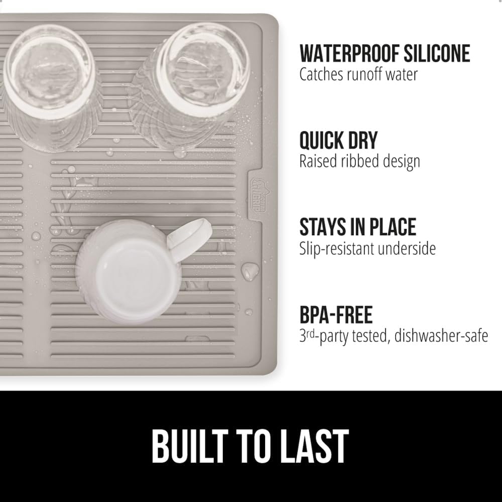 GORILLA GRIP 100% BPA-Free Patented Silicone Dish Drying Mat for Kitchen Counter, Water Catching Ribbed Design, Easy Clean Waterproof Sink Liner, Heat Resistant, Fits Under Rack, 13x11 Inch, Almond