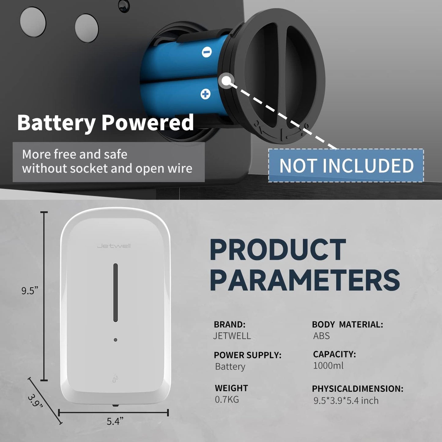 JETWELL Automatic Touch-Less Wall Mount Hand Soap Dispenser Liquid Drop Battery Operated, White Plastic Cover Large Capacity 34OZ/1000ML for Kitchen Home Commercial Bathroom