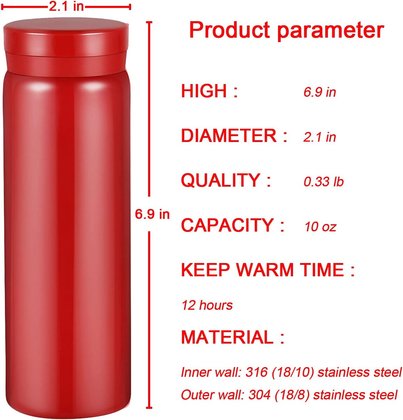 10oz Mini Water Bottle Stainless Steel Thermos Small Flask - Insulated Vacuum, Leak Proof, Keeps Drinks Hot/Cold - Ideal for Coffee, Tea, Water - Red