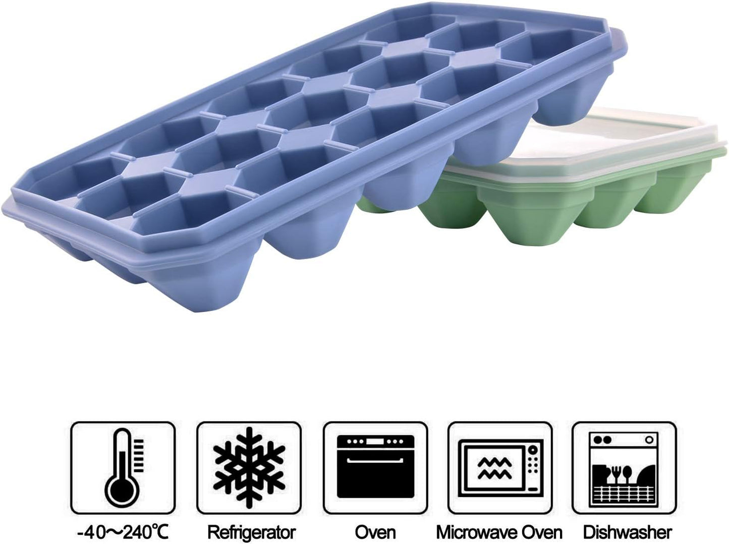 Ice Cube Trays with Silicone Lid, 15 Grid Diamond Shaped Ice Tray Easy Release Stackable Ice Cube Mold, 2 Pack (Grey Blue+Green)