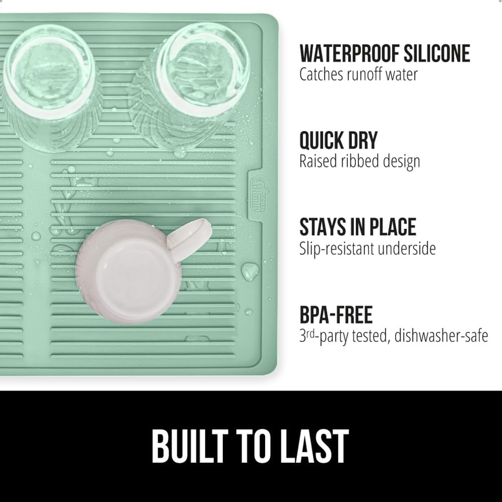 GORILLA GRIP 100% BPA-Free Patented Silicone Dish Drying Mat for Kitchen Counter, Water Catching Ribbed Design, Easy Clean Waterproof Sink Liner, Heat Resistant, Fits Under Rack, 13x11 Inch, Mint