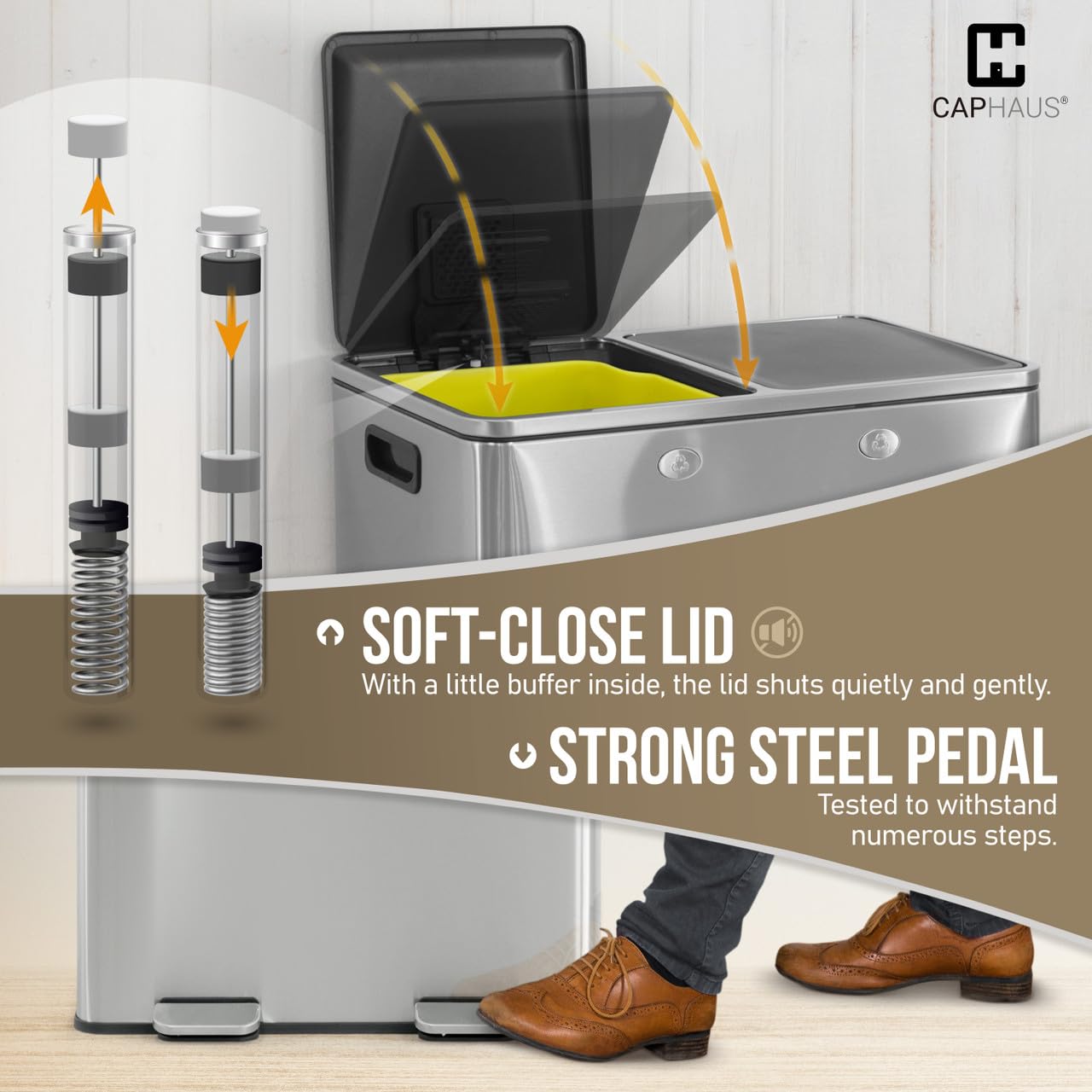 CAPHAUS Dual Trash Can with Double Lid, Trash and Recycle Bins Combo, Hands-Free Stainless-Steel Garbage Can for Kitchen, with 2 Compartment, Hinged Lid, Odor Filters, Handles, 30L+30L, 2 x 8 Gallon