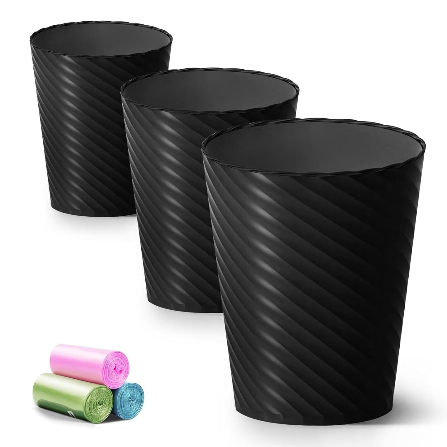 Bathroom Trash Can, 3 Pack 1.8 Gallons Small Trash Can with Trash Bags, Bathroom Garbage Can, Plastic Trash Bin, Round Waste Basket for Bedroom, Office, Kitchen, Room, Compact Space (Black)