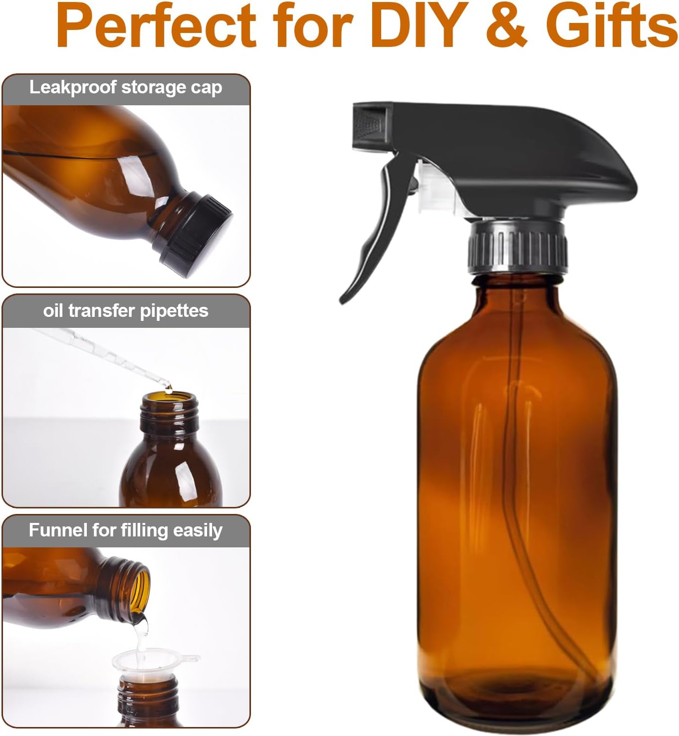 8oz Amber Glass Spray Bottles - 2 Pack Empty Refillable Bottles for Cleaning, Hair Care, Essential Oils, Plants - Includes Durable Nozzle, Labels, Funnel & Dropper, Handheld Size