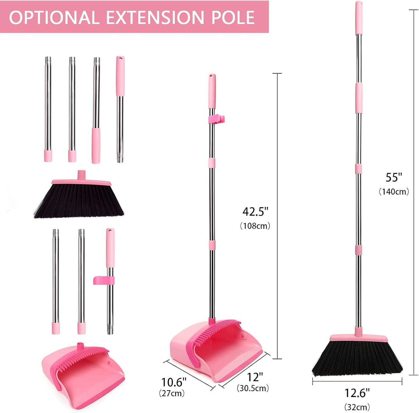 Broom and Dustpan Set, Dustpans with Broom Combo for Home, Heavy Dust Broom and Dustpan Combo, Long Handle Dust Pan and Broom Set for Kitchen, Office, Pet Hair,Pink, Pack of 1