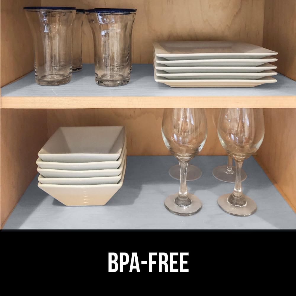 GORILLA GRIP DuraGuard Shelf Liner, Non-Adhesive Cabinet Liners for Kitchen Drawers, Shelves, Refrigerator, Pantry Storage, Bathroom Closet, Durable Waterproof BPA Free Ribbed Plastic, 17.5x10 Lt Gray