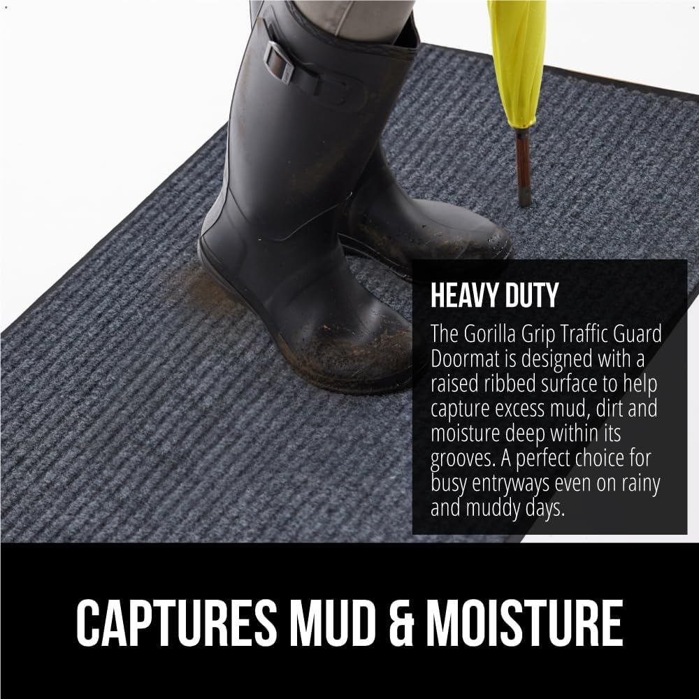 GORILLA GRIP Traffic Guard Door Mat, 70x24, Heavy Duty Welcome Mats, Commercial Office Space Doormat, Waterproof, Fade Resistant, Strong Rubber Backing, Low Profile, Shoe and Boot Scraper, Gray