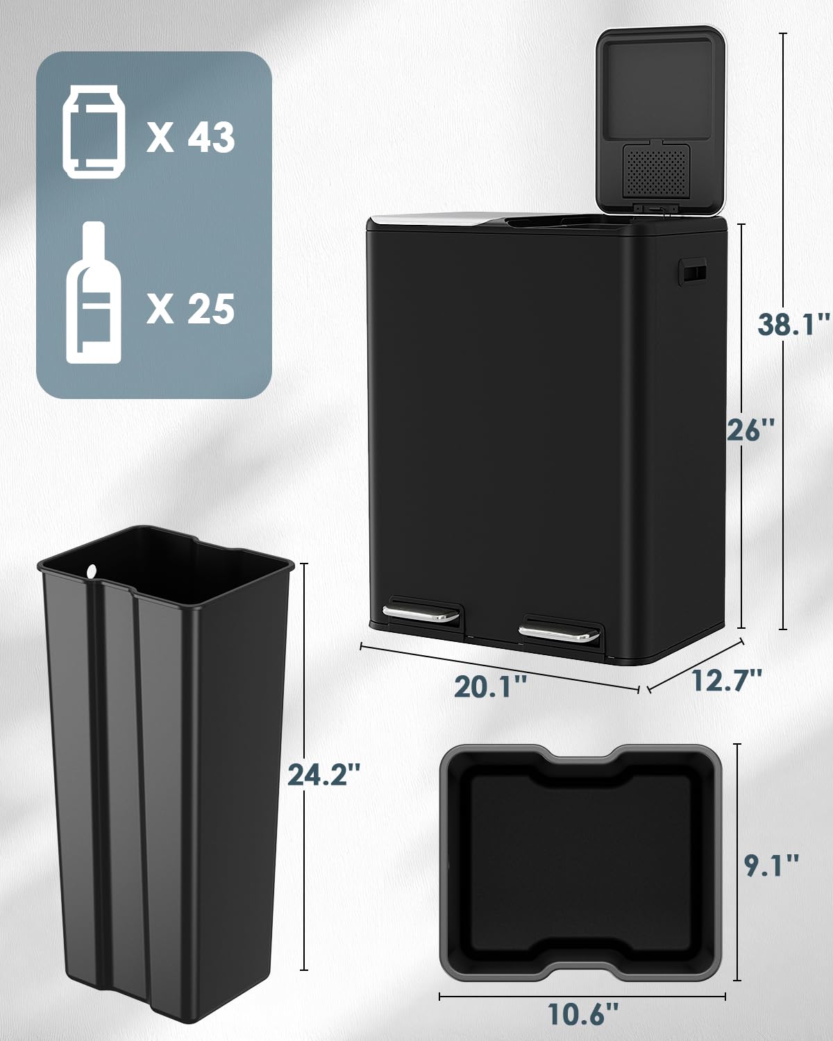 Arlopu 16Gal Dual Trash Can w/2 Built-in Box for Odor Control, Hands-Free Kitchen Garbage Bin, Recycle Waste Dustbin, Soft-Close Lid, 2 Buckets,Foot Pedal, Side Handle, Airtight,for Home Office