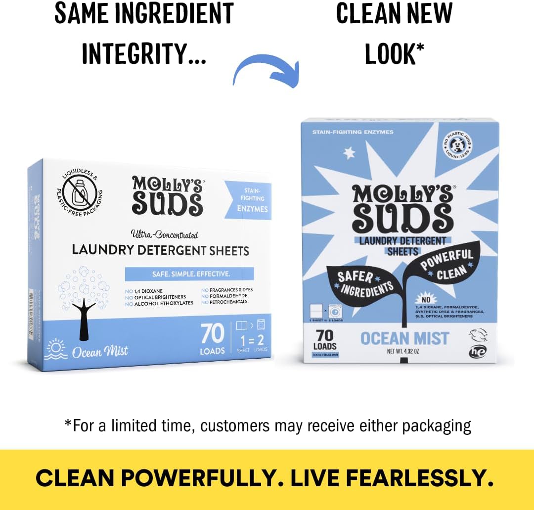 Molly’s Suds Laundry Detergent Sheets | Gentle on Sensitive Skin, Powerful Bio-Based Enzymes, Stain-Fighting | Liquidless & Plastic-Free Packaging | 120 Loads (Ocean Mist)