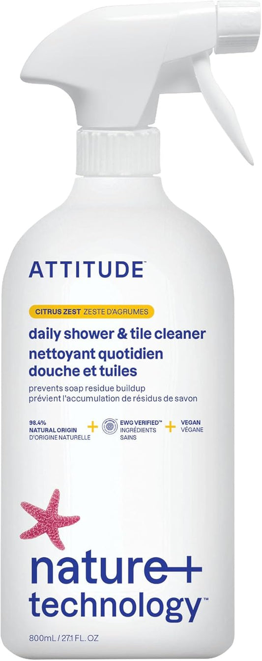 ATTITUDE Shower & Tile Cleaner, EWG Verified, Plant-Based & Vegan Bathroom Spray, Removes Soap Scum & Grime, Citrus Zest Scent, 27.1 Fl Oz