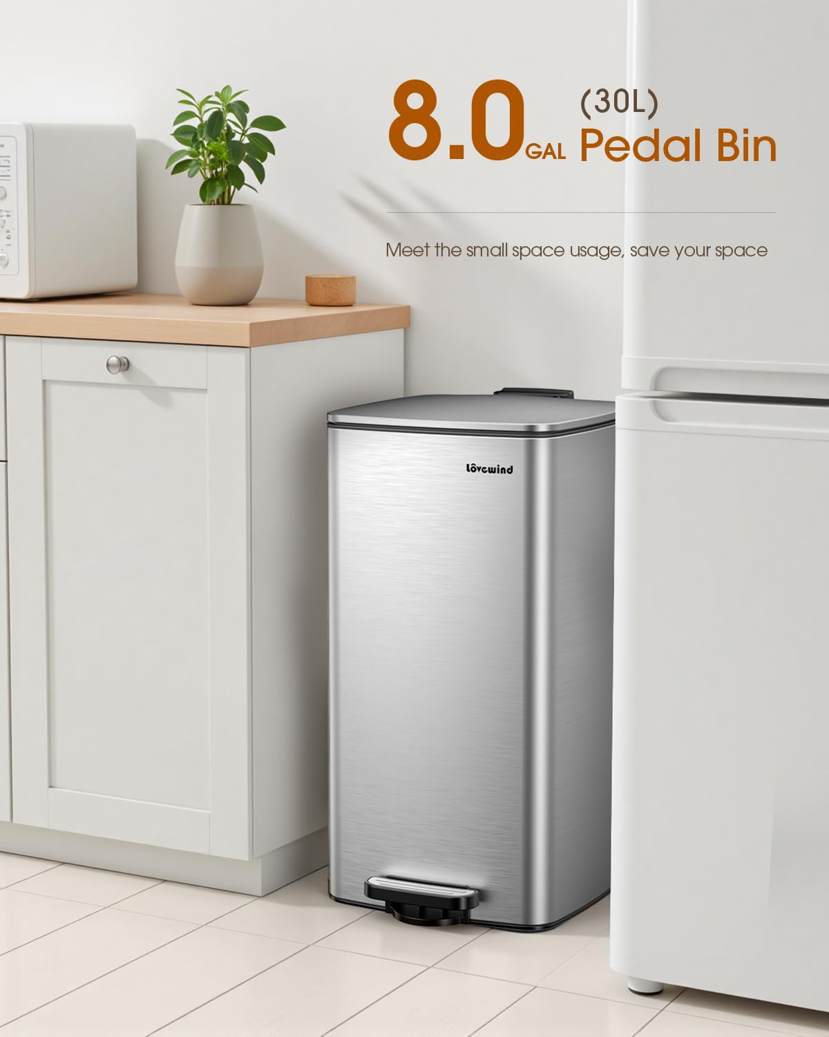 Lovewind Kitchen Trash Can with Lid, 8 Gallon/30 L Footstep Garbage Can for Kitchen Bedroom Home Office, 30 Liter Trash Bin Brushed Stainless Steel Waste Bin with Soft-Close Lid,Silver