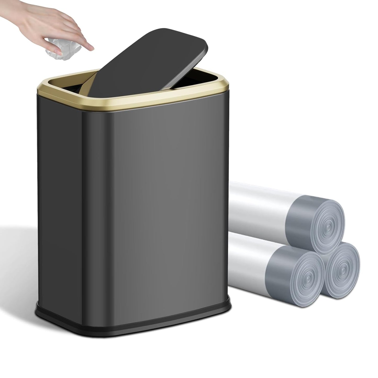 8L/2.1 Gal Small Bathroom Trash Can with Lid, Swing-Top Rectangular Waste Bin, Stainless Steel Garbage Can for Home, Office, Toilet, Bedroom, Living Room (Titanium Black)