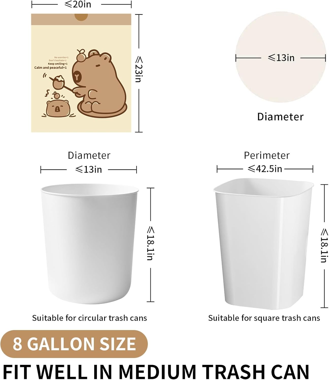 VOK 8 Gallon Trash Bags with Capybara Printed, Drawstring Medium Garbage Bags, Tear-Resistant & Leak-Proof Kitchen/Office Trash Can Liners, Trash Bags 8 Gallon with Secure Tie, 50 Counts