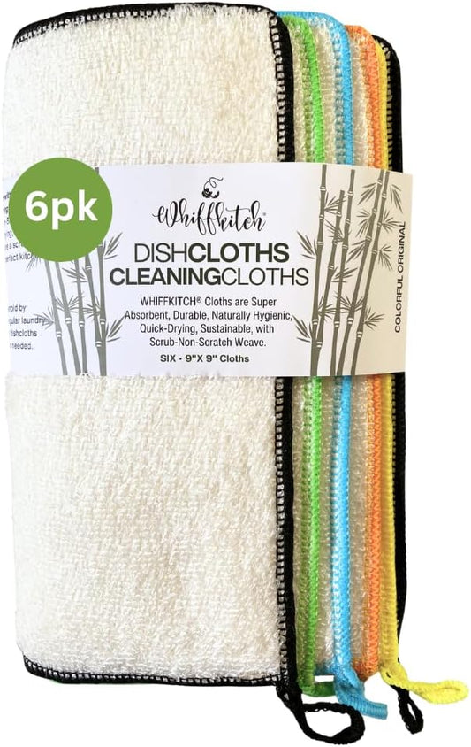 Whiffkitch Dishcloths Dishrags for Kitchen and Household Cleaning 9x9 6-Pack Non-Scratch 2-Ply Weave, Bamboo-Rayon Fabric, Absorbent, Washable, Long-Lasting