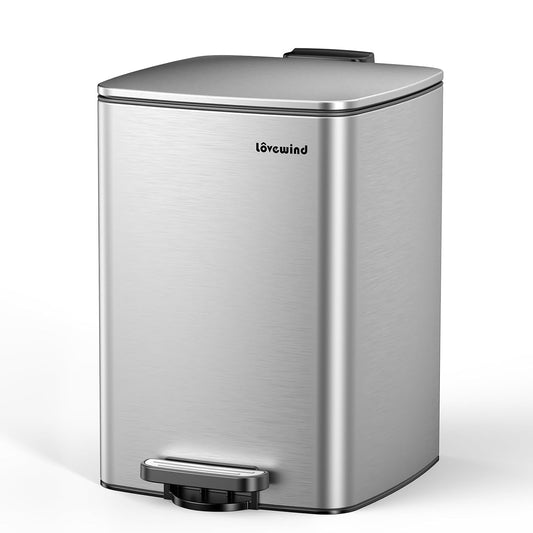 Lovewind Kitchen Trash Can with Lid, 5.2 Gallon/20 L Footstep Garbage Can for Kitchen Bedroom Home Office, 20 Liter Trash Bin Brushed Stainless Steel Waste Bin with Soft-Close Lid,Silver