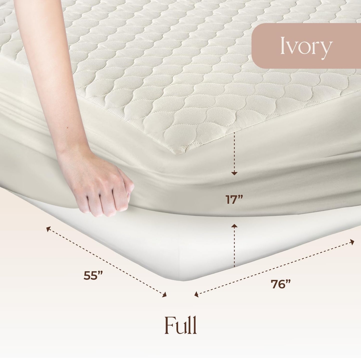 100% Cotton Organic Mattress Pad - Breathable & Cooling Mattress Protector Full Size - Premium 300GSM Quilted and Noiseless Machine Washable Organic Mattress Protector (Ivory, Full)