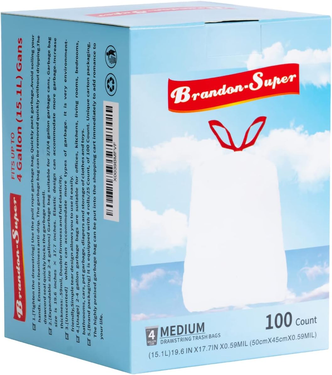 Small Trash Bag 4 Gallon Drawstring Garbage Bags For Small Trash Cans 2-4 Gallon, Office kitchen Bathroom, Thickened Stretchy (100 Count)