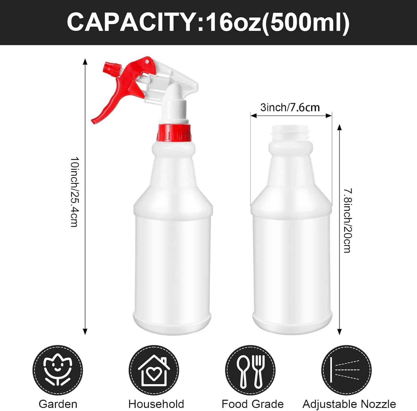 Eccliy 12 Pcs 16 Oz Plastic Spray Bottle, Adjustable Empty Reusable Sprayer for Cleaning, Planting, Water, Bathroom and Kitchen, BBQ, Commercial and Residential(Red, Black,Original)
