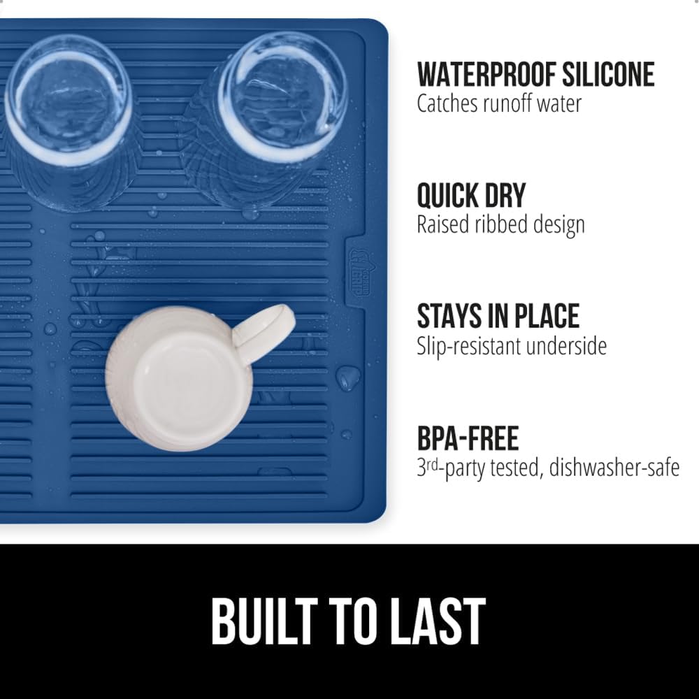 GORILLA GRIP 100% BPA-Free Patented Silicone Dish Drying Mat for Kitchen Counter, 18x16 Inch, Water Catching Ribbed Design, Easy Clean Waterproof Sink Liner, Heat Resistant, Fits Under Rack, Blue