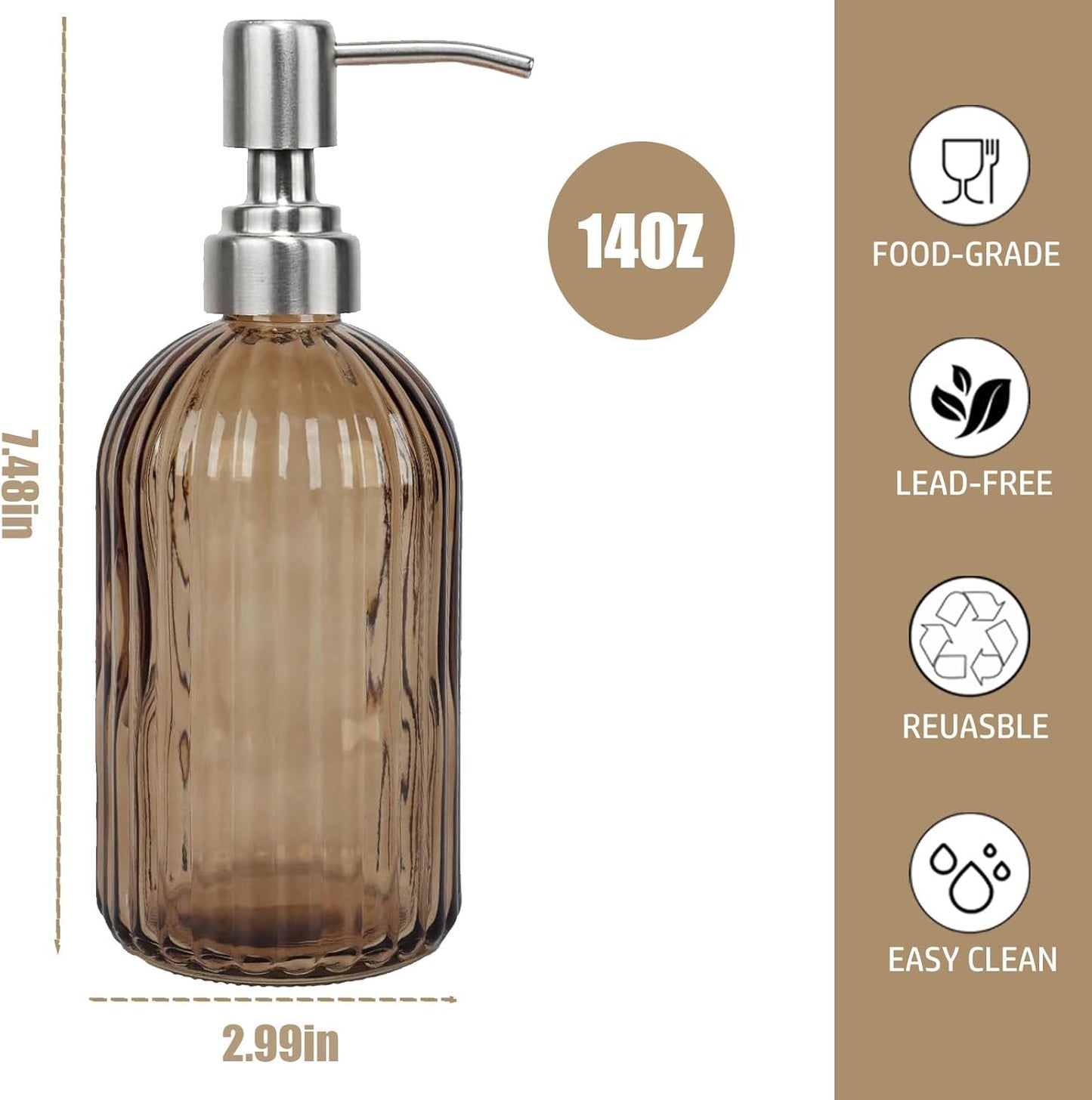 14Oz Brown Soap Dispenser Bathroom, Clear Glass Hand Soap Dispensers with Stainless Steel Pump, Refillable Dish Soap Dispenser for Kitchen, Countertop Soap Dispensers