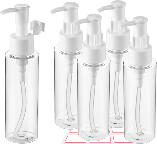 5 Pack 3.4 Oz/100ml Travel Pump Bottle TSA Approved Empty Plastic Pump Bottles Dispenser Portable Refillable Container Clear Lotion Dispenser Bottle for Shampoo Shower Gel